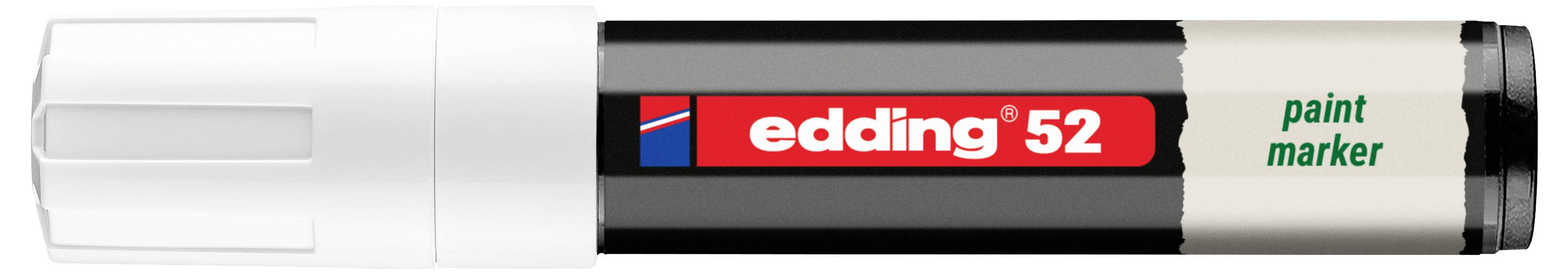 En svart och vit Edding 52 målarmarkör med röd etikett, visad horisontellt på en ljus bakgrund.
