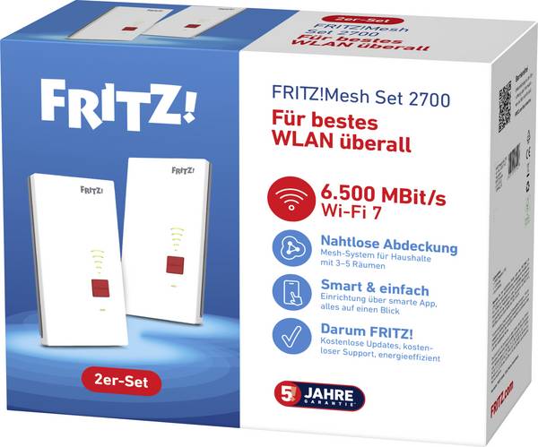 FRITZ! WiFi 7 Repeater FRITZ!Mesh Set 2700 2er-Set 20003142  WLAN, LAN 6.5 GBit/s WiFi 7, Mesh-ready, app-stöd