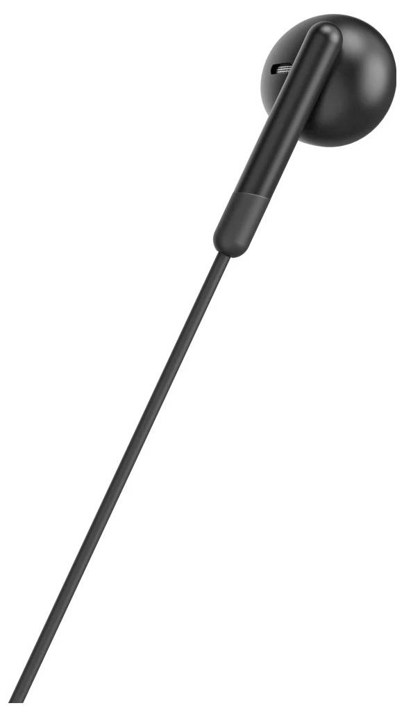 Svart trådlös öronsnäcka visad mot en vit bakgrund, med en enda rund öronsnäcka och en lång kabel som sträcker sig nedåt.