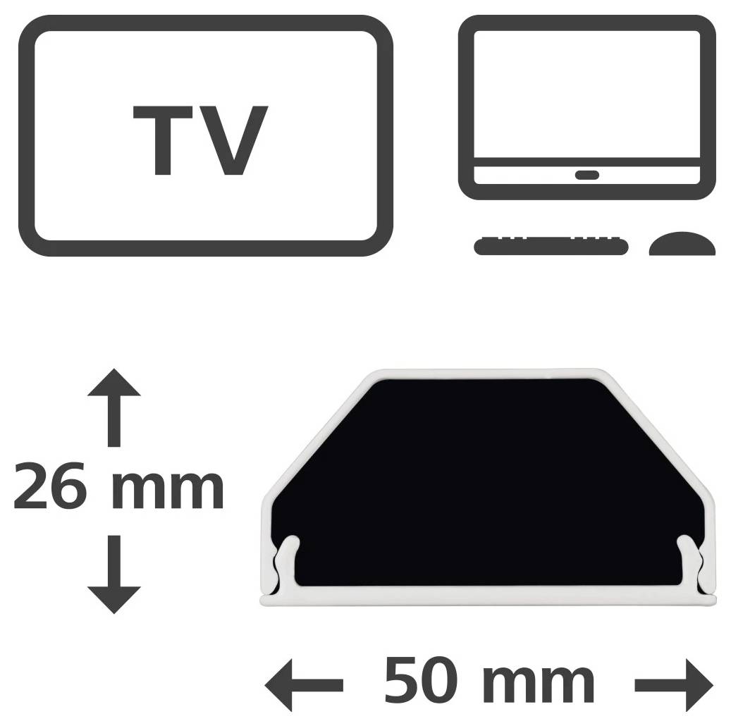 Diagram av en TV-väggmonterad fäste, visar en bredd på 50 mm och höjd på 26 mm, med TV- och skärmikoner som indikerar kompatibel displaymontering.