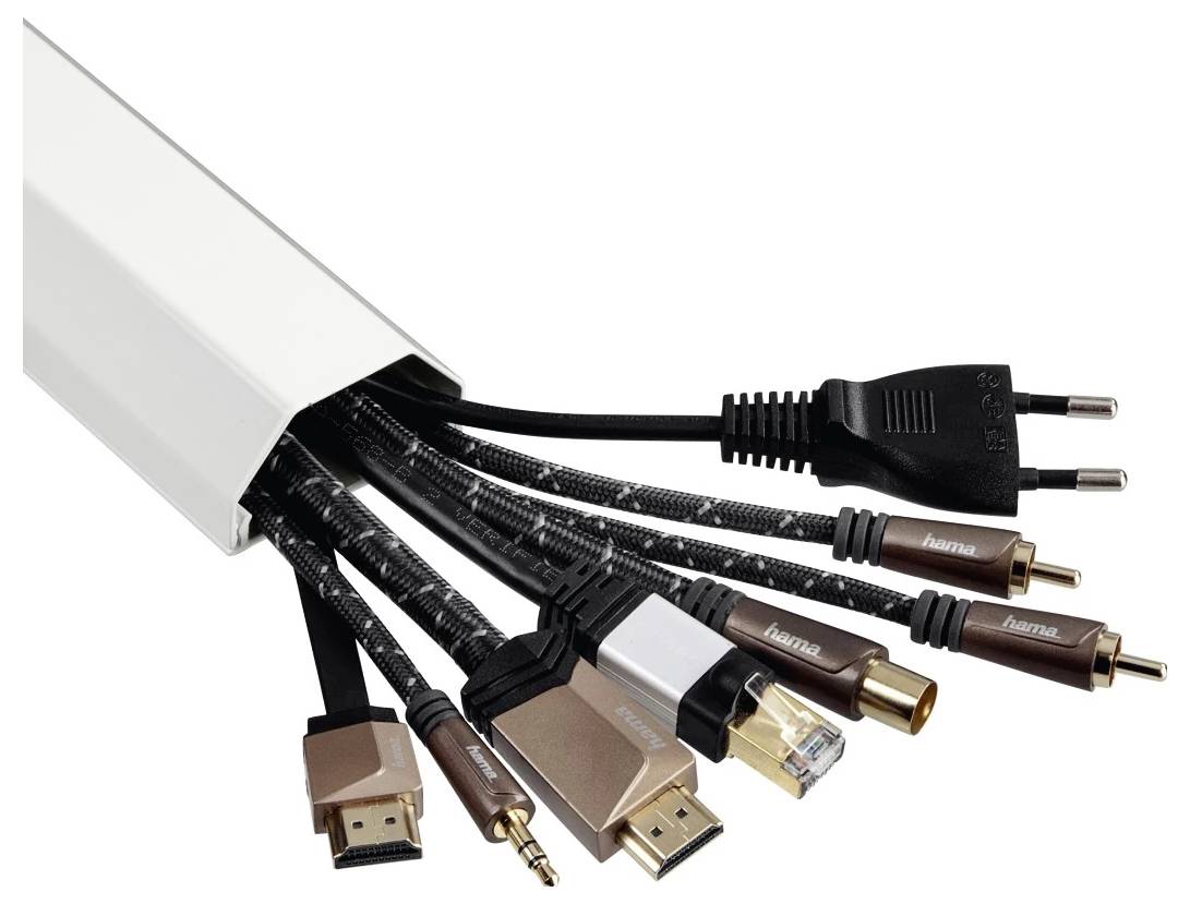 En vit kabelorganisatör som håller flera svarta kablar med olika kontakter, inklusive strömkontakt, HDMI, Ethernet, USB och ljudkontakter, utbredda på en vit bakgrund.
