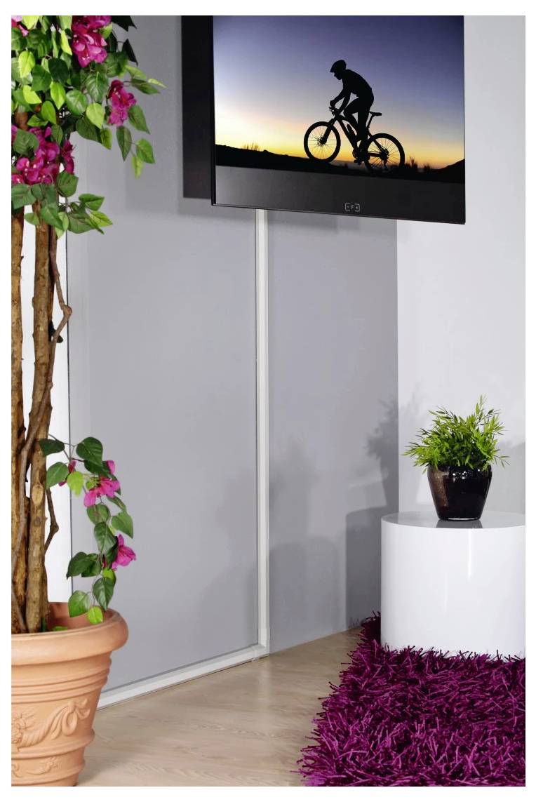 En väggmonterad flat-screen TV visar en silhuetterad cyklist vid solnedgång, med inomhusväxter och en blomkruka på en piedestal bredvid den.