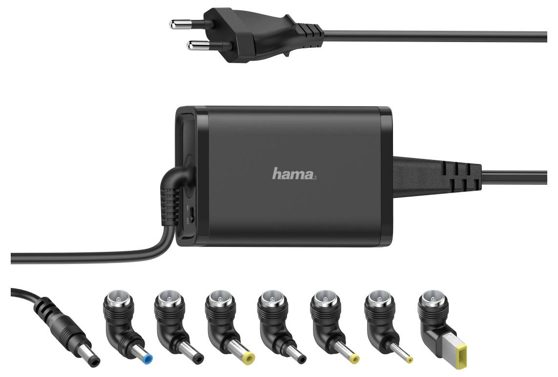 Hama strömadapter med utbytbara stickdad och flera rundformade kontaktspetsar, visar nätuttag, strömförpackning och utgångskabel för enhetsuppladdning.