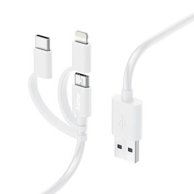 Vit 3-i-1 laddningskabel med USB-A, USB-C och Lightning-kontakter på en enfärgad vit bakgrund.