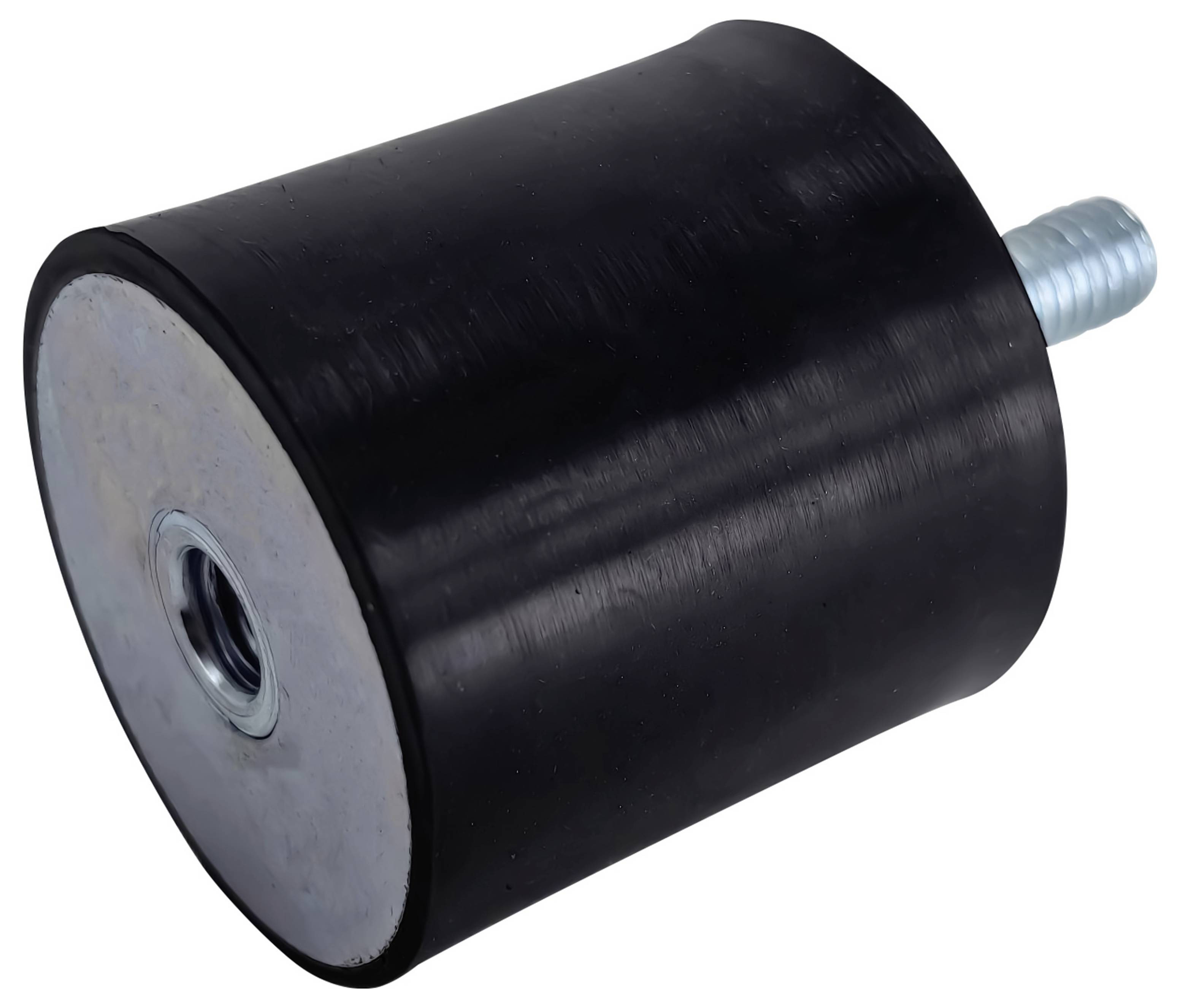 Svart cylindrisk gummidämpare med ett gängattt metallstift på ena änden och en metallyta med centralt gängat insats på den andra änden.