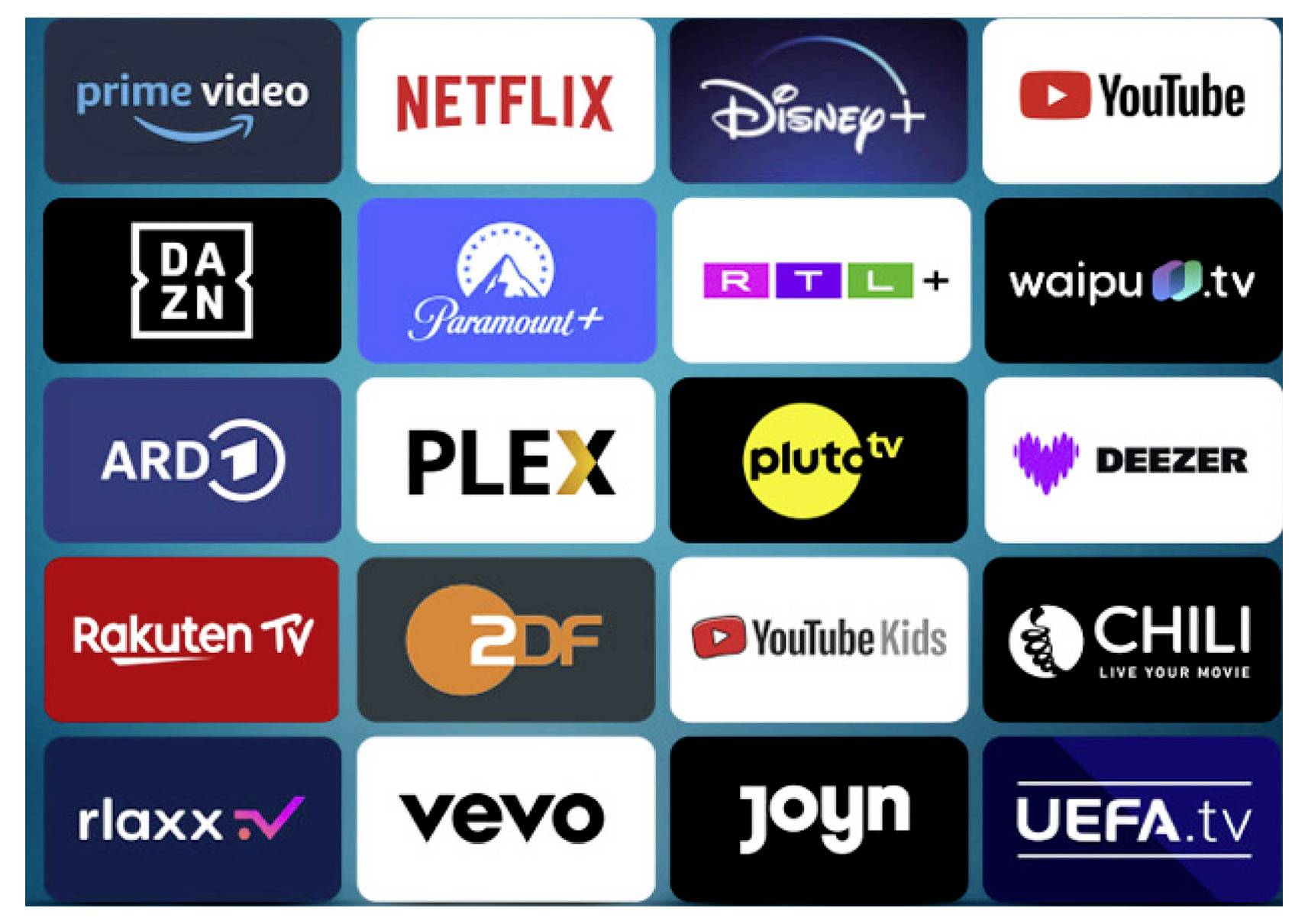 Rutnät med logotyper för streamning och medietjänster, inklusive Prime Video, Netflix, Disney+, YouTube, DAZN, Paramount+, RTL+, waipu.tv, ARD, Plex, Pluto TV, Deezer, Rakuten TV, ZDF, YouTube Kids, CHILI, rlaxx, Vevo, Joyn och UEFA.tv.