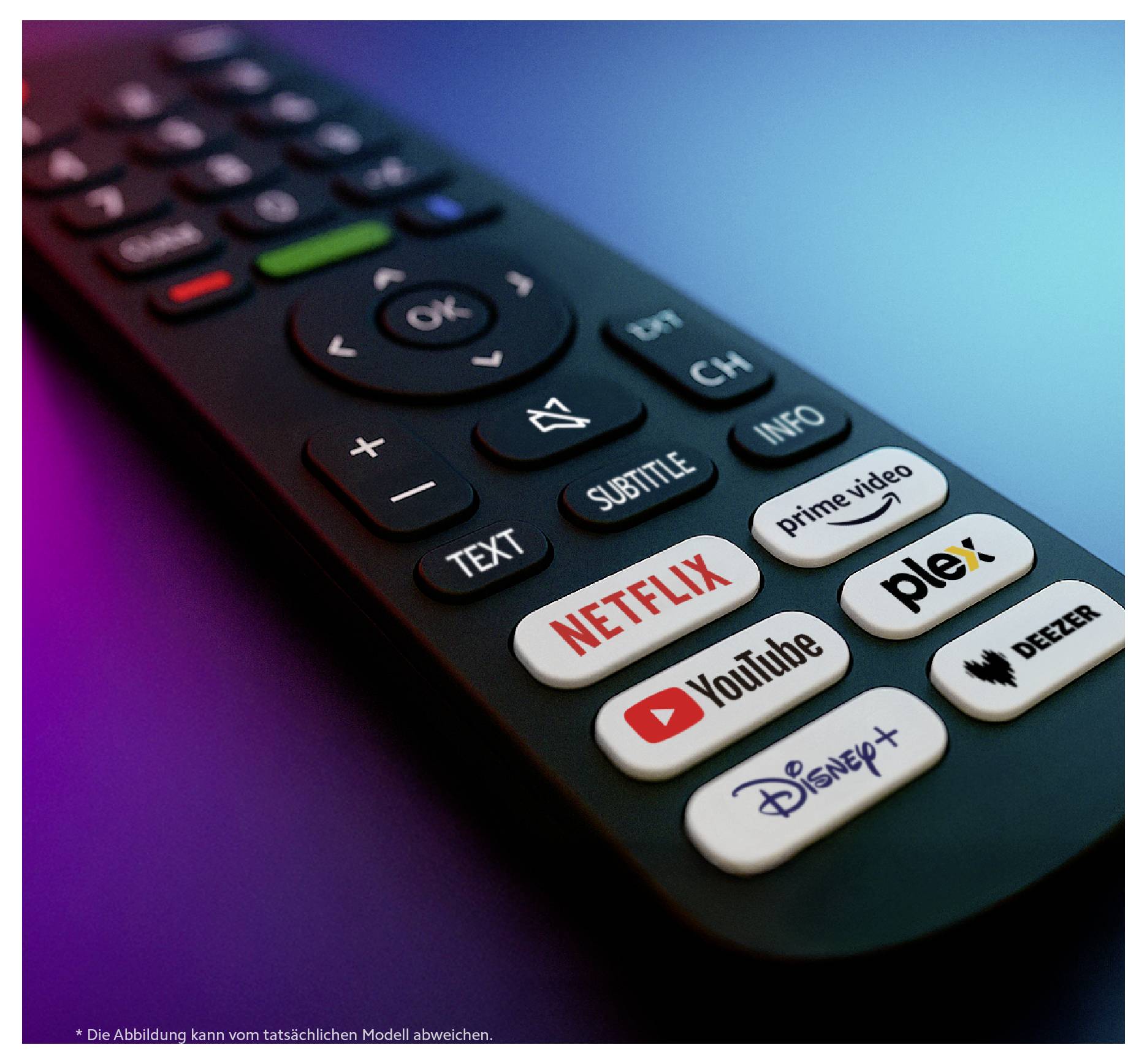 Närbild av en TV-fjärrande med dedikerade streamingknappar för Netflix, Prime Video, Plex, YouTube, Disney+ och Deezer.