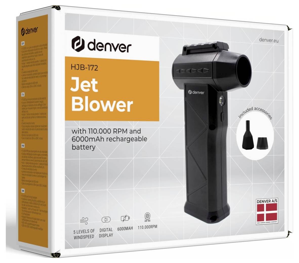 Detaljhandelsförpackning för en Denver HJB-172 Jet Blower, som visar den handhållna blåsaren, medföljande tillbehör och specifikationer: 110 000 RPM och 6000 mAh uppladdningsbart batteri.