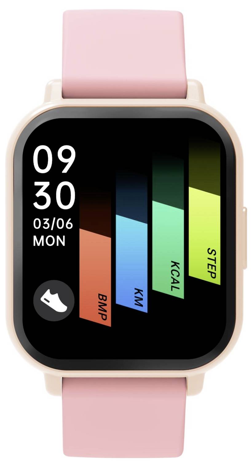 Kvadratisk rosa smartwatch som visar 09:30, 03/06 MÅN, med aktivitetsstaplar för steg, kalorier, km och pulsslag på displayen.