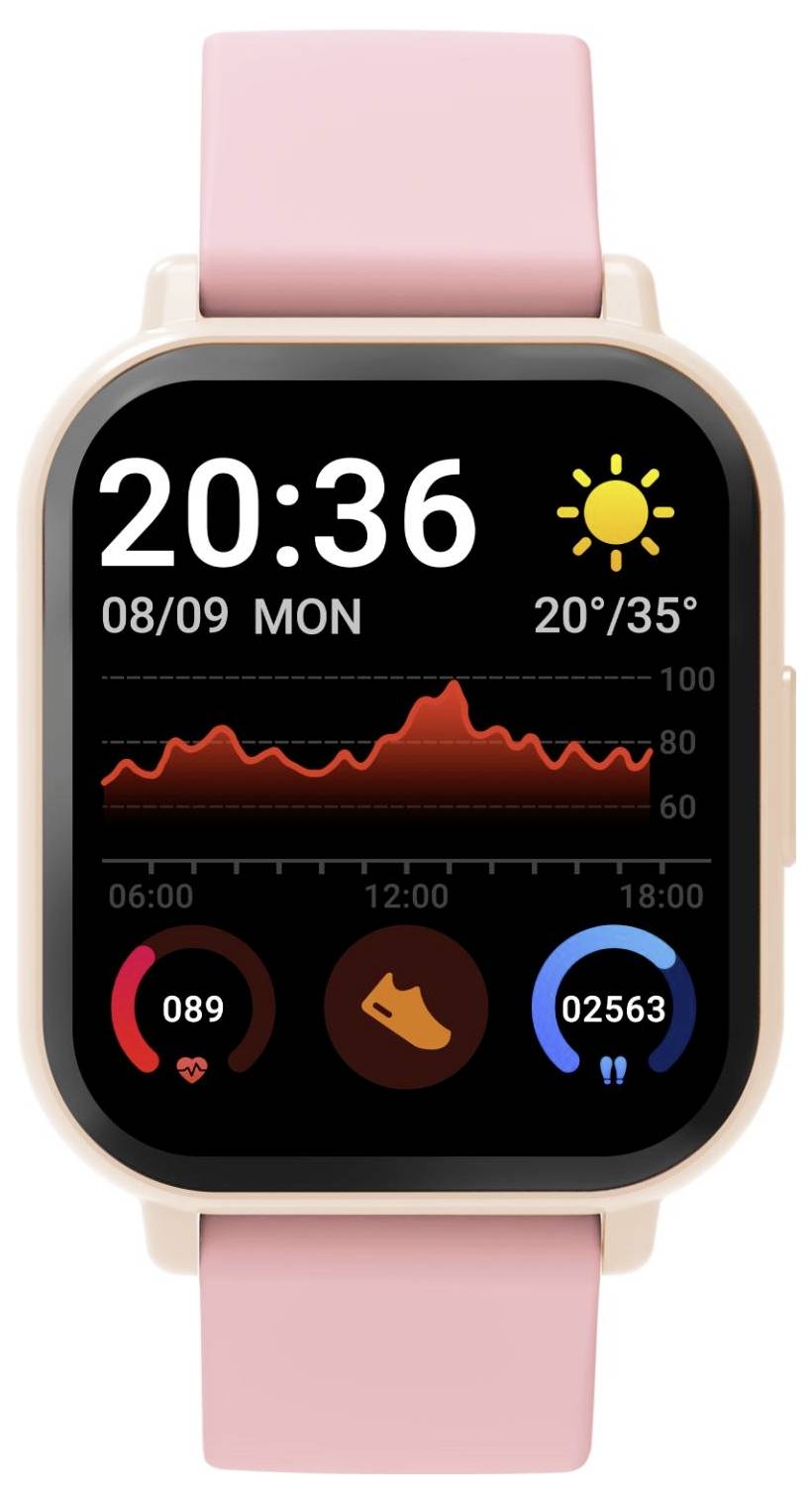 Rosa smartwatch-yta som visar 20:36, soligt väder, datum 08/09 Mån, temperatur 20°/35°, en röd aktivitetsgraf och tre cirkulära statistikikoner.