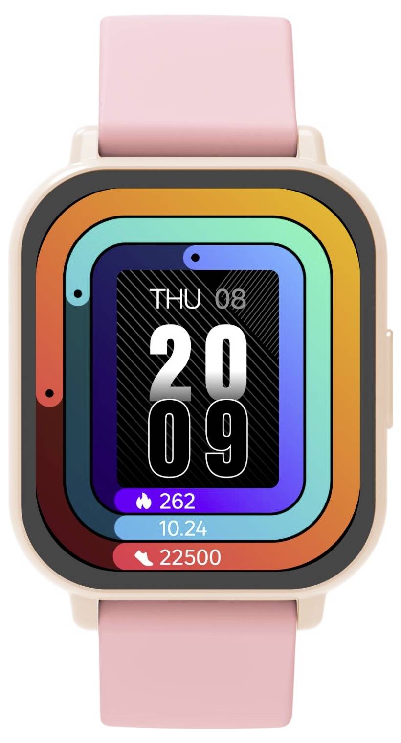 Rosa smartwatch med fyrkantiga displayen som visar klockvisen: "THU 08", tid 20:09, steg 262, distans 10,24 och puls 22500.