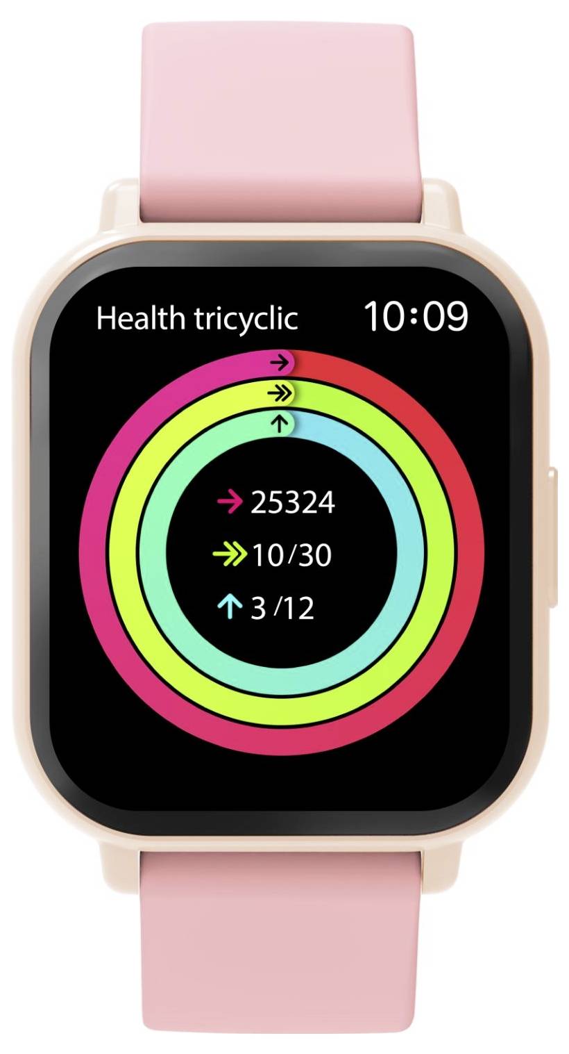 En rosa smartwatch som visar en skärm för hälsoaktivitetsringar med titeln "Health tricyclic", tiden 10:09 och framskridandestatistik 25324, 10/30 och 3/12.