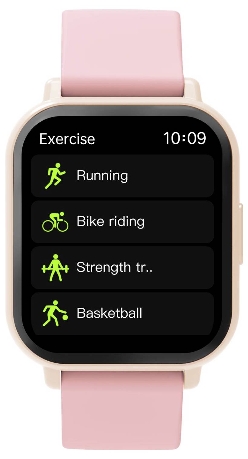 Smartwatch-träningsmenyn visar tiden 10:09 och fyra träningsalternativ: Löpning, Cykling, Styrketräning och Basket.