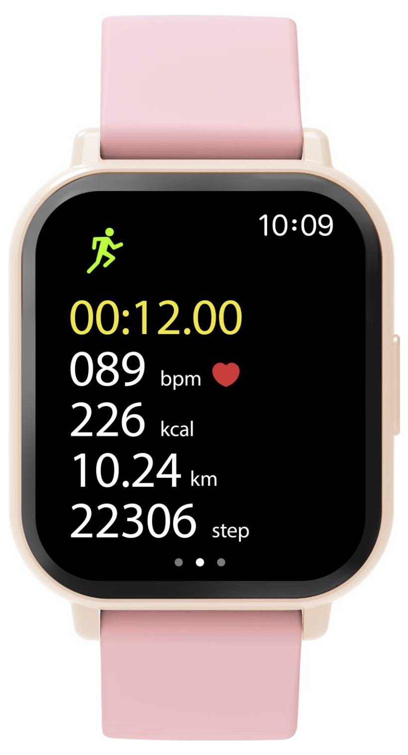 En rosa smartwatch som visar en träningsspärnsskärm med tiden 10:09, träningsikoner, 12:00 varaktighet, pulshastighet 89 slag per minut, 226 kcal, 10,24 km och 22 306 steg.