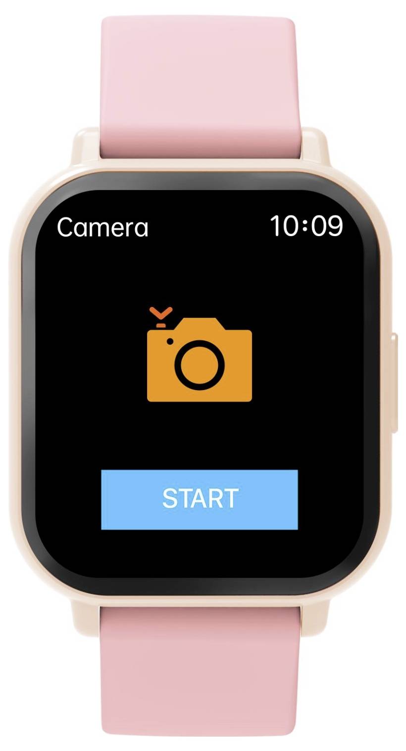 Rosa smartwatch-skärm som visar en kameraapp med tiden 10:09, orange kameraikon och en "START"-knapp.