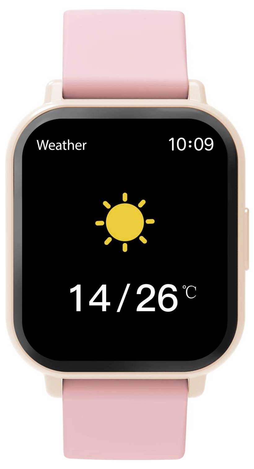 Smartwatch visar väder klockan 10:09 med en solig ikon och temperaturer 14/26°C på en svart skärm, rosa armband.