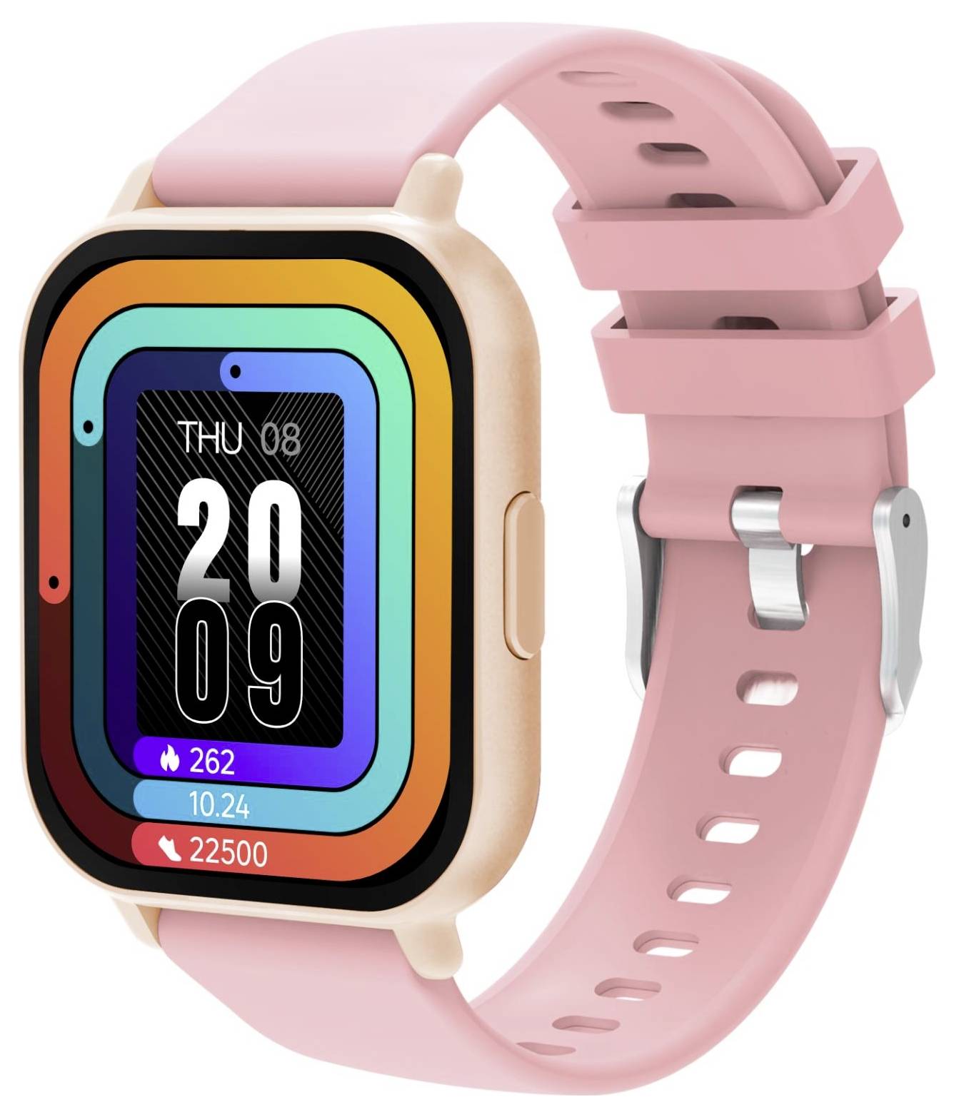 Rosa smartwatch med en kvadratisk display som visar "THU 08", tid 20:09 och hälsostatistik, på ett rosa armband.