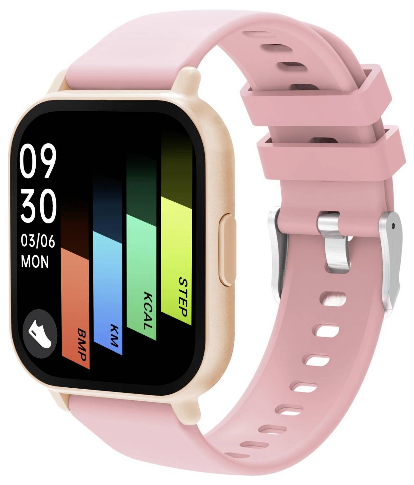 Rosa smartwatch med fyrkantig display som visar 09:30, datum 03/06, Måndag, och färgglada fitnessstaplar märkta BMP, KM, KCA, STEP.