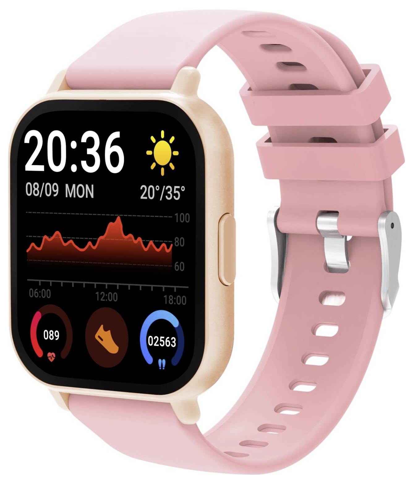 Rosa smartwatch med en svart display som visar 20:36, datum 08/09 MÅN, väder 20°/35°, aktivitetsgraf och fitnesstatistik.