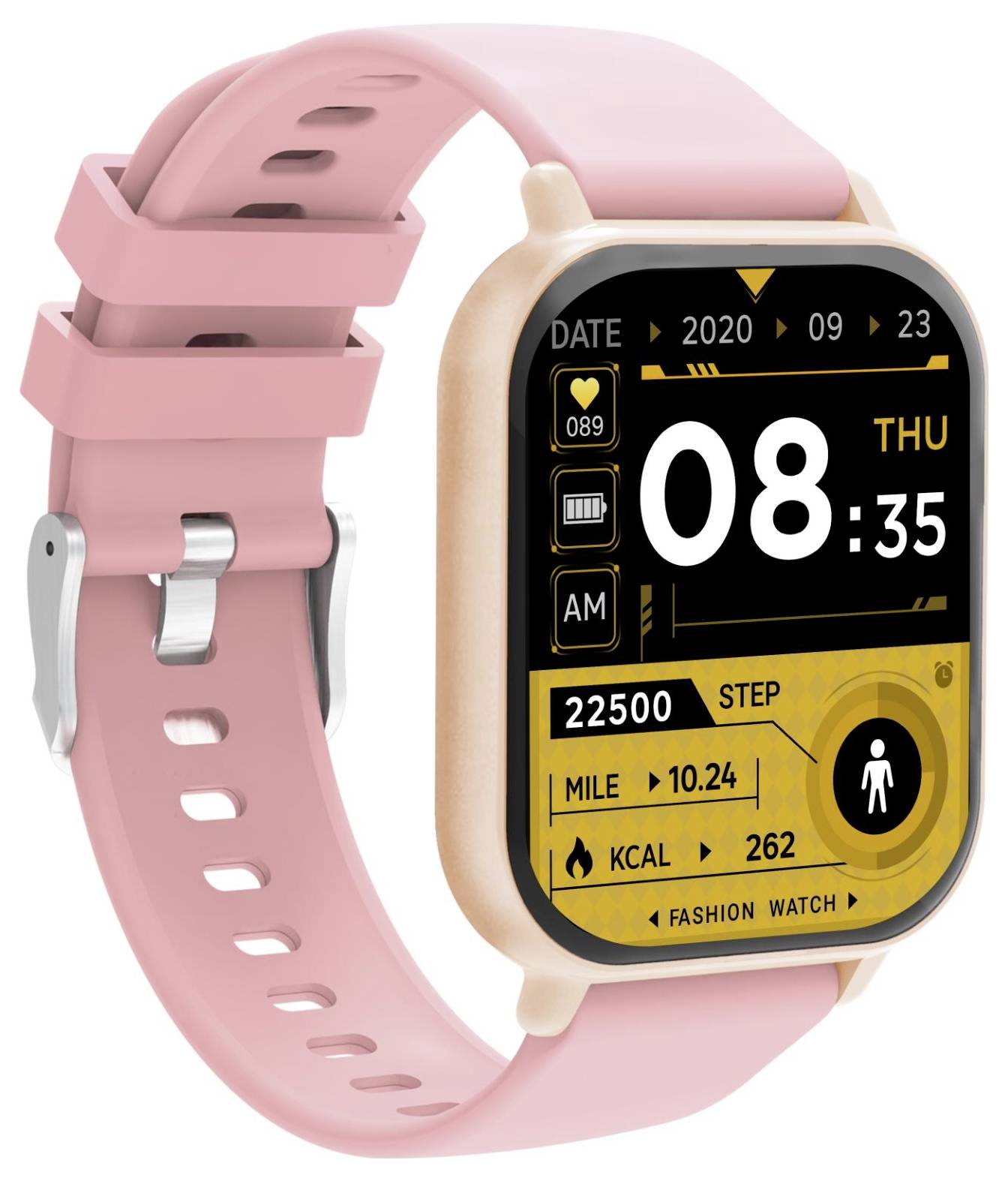 Rosa smartwatch med en svart-och-gulddig ital fitness-display som visar 08:35, datum 2020-09-23, steg, miles och kalorier.