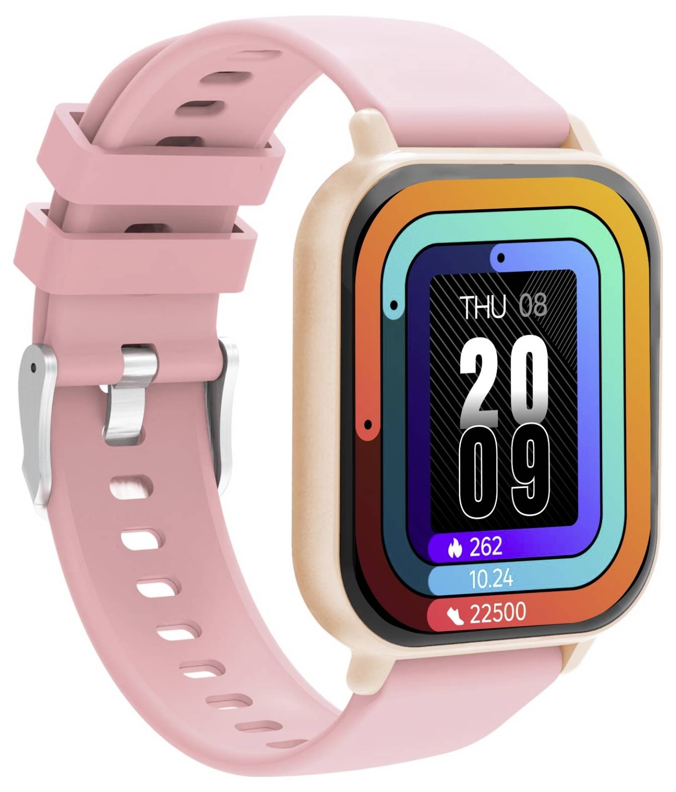 Rosa smartwatch med en rektangulär färgskärm som visar tiden 20:09, datumet THU 08 och statistik för hjärtfrekvens, steg och batteristatus.