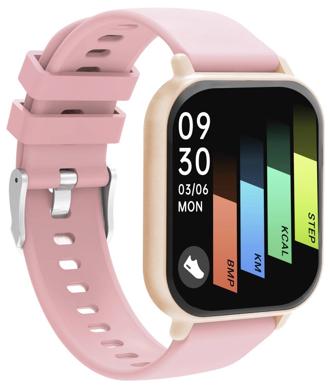 Rosa smartwatch med kvadratisk display som visar 09:30, 03/06 MÅN, och färgade träningsstaplar märkta BPM, KM, KCAL och STEG.