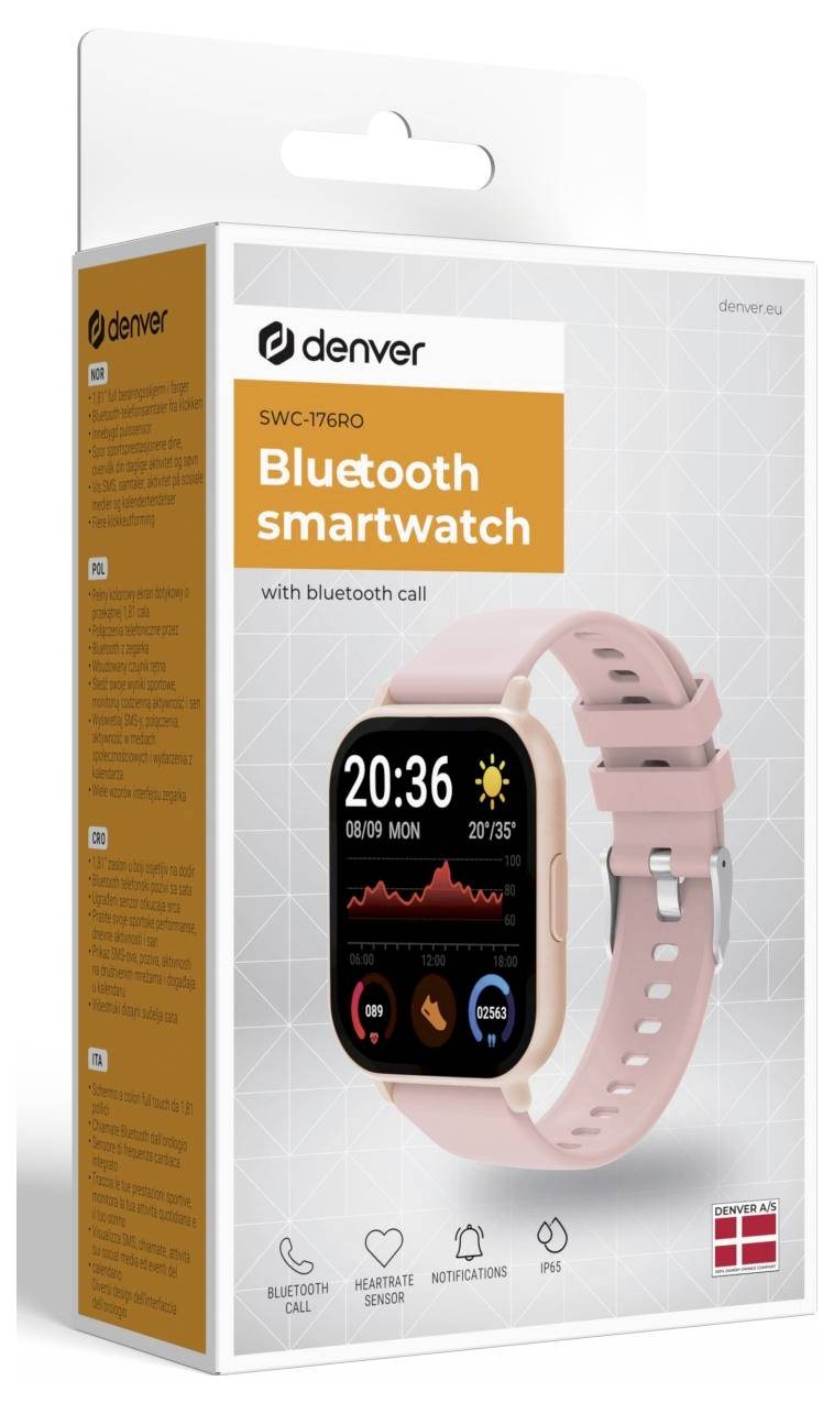 Produktlåda för Denver Bluetooth smartwatch i rosa, som visar urskivan och listar funktioner som Bluetooth-samtal, pulssensor, meddelanden och IP67.