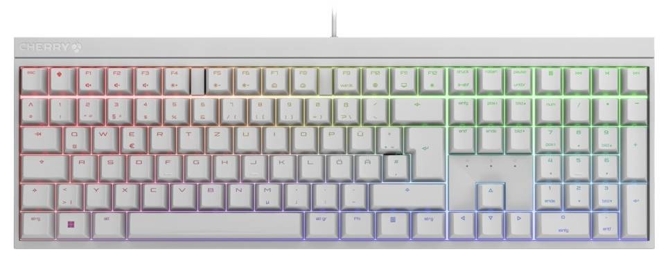 Kompakt vit mekanisk tangentbord med RGB-bakbelyst tangenter som lyser i en regnbågsgradient från vänster till höger, visad från ovan.