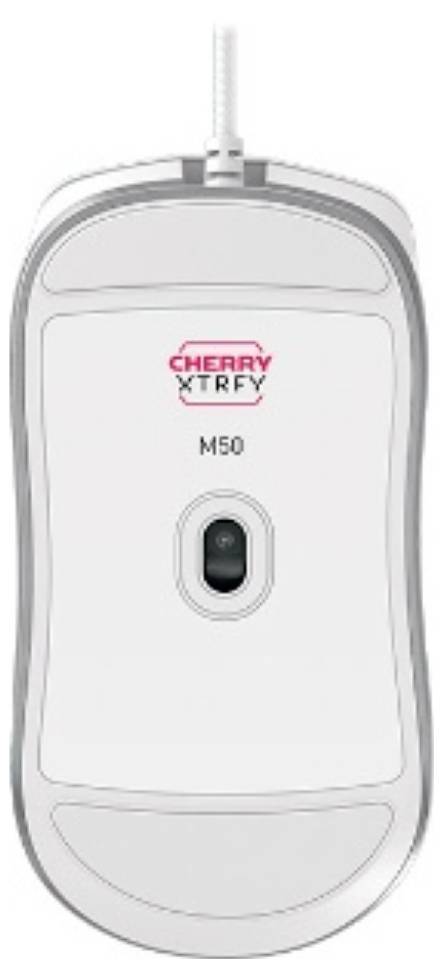 Vit CHERRY XTRFY M50 trådbunden datormus visad från ovan med central scrollhjul och logotyp.