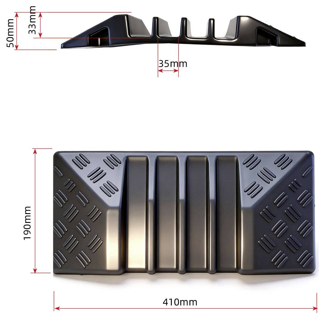 Svart texturerad rampliknande objekt visad i sido- och toppvyer med dimensioner: 410 mm lång, 190 mm bred, 50 mm hög och 35 mm centeravstånd.