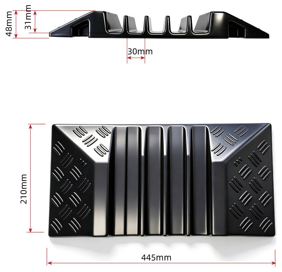 Svart metallrampa eller trappsteg visad i sido- och toppvy, med dimensioner märkta 445mm bred, 210mm hög, 48mm djup och 30mm sektionsbredd.