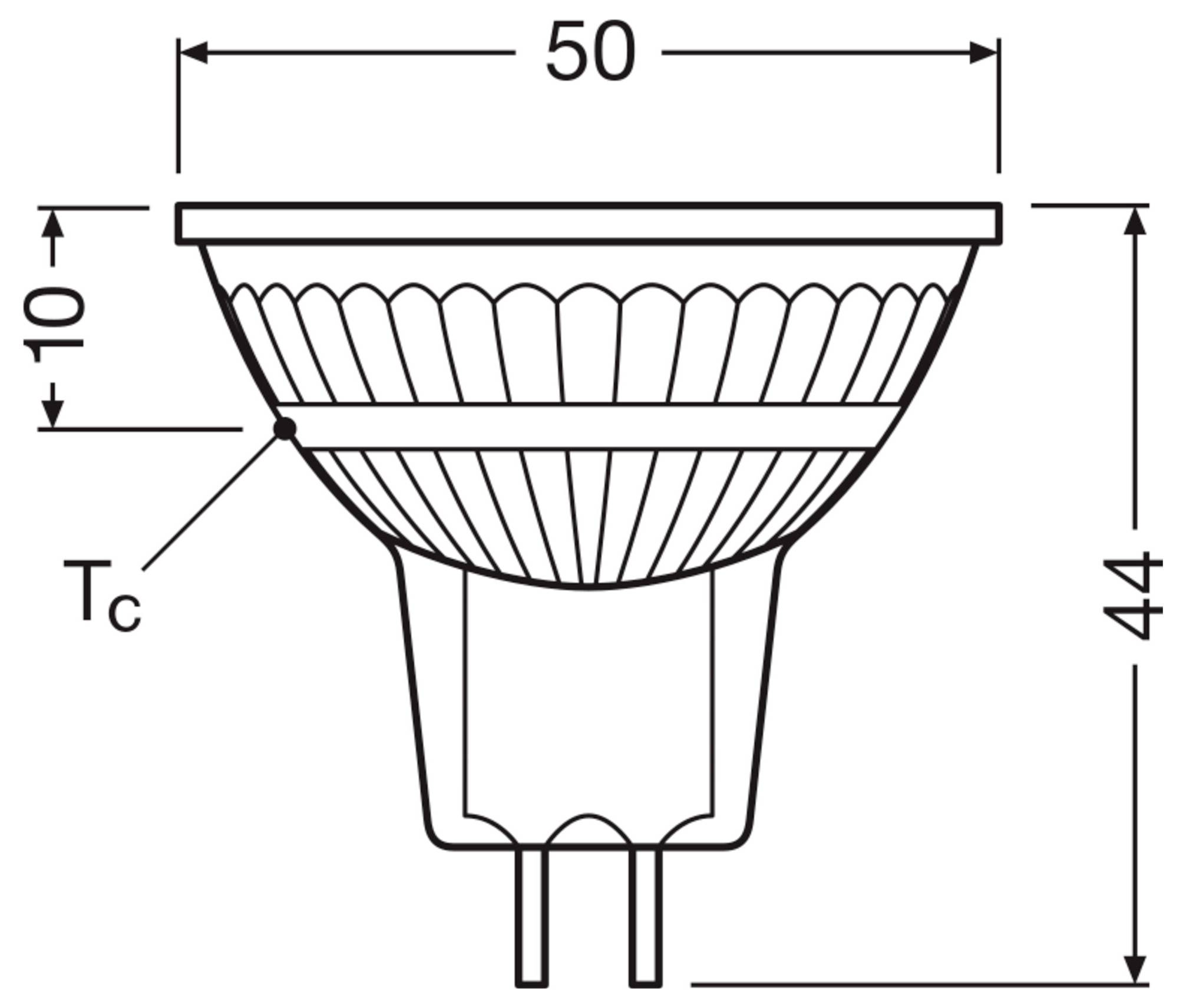 Teknisk ritning av en glödlampa med dimensioner: 50 bred, 44 hög, 10 från topp till markerad Tc-punkt.