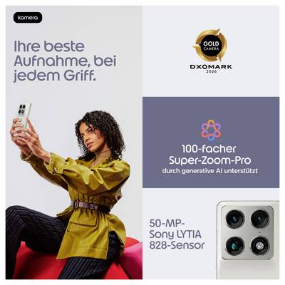 Kamertv? Smartphone-annons som visar en kvinna som tar en selfie, med tysk text som marknadsför bästa bilder, 100x AI superzoom och 50-MP Sony LYTIA 828-sensor, plus DXOMARK Gold Camera 2026-märke.
