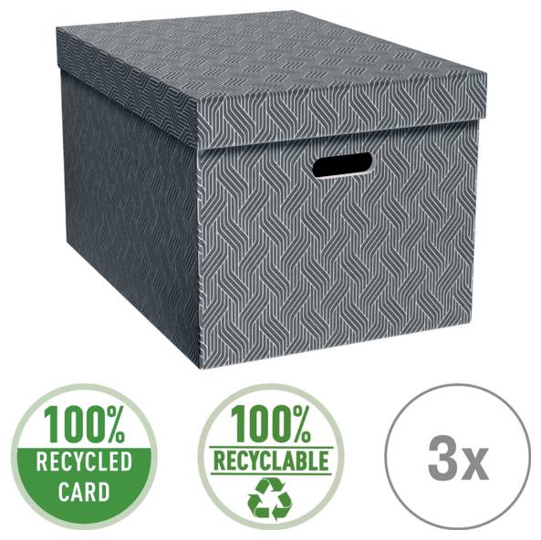 Grå mönstrad förvaringslåda med lock och handtagsutskärning, visad med ikoner som indikerar 100% återvunnat kartong, 100% återvinningsbar och 3x styrka.