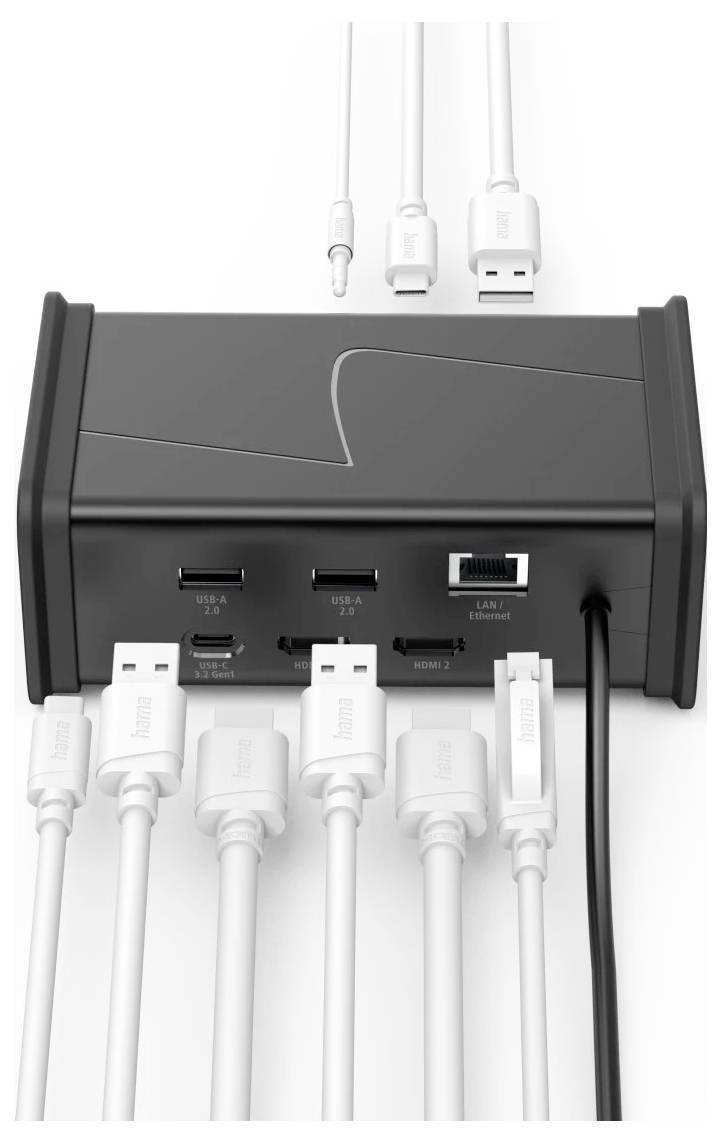 Svart multip-portskabelorganisatör med flera vita sladdar anslutna till USB-, HDMI- och LAN-portar, som håller sladdar snyggt organiserade och dolda från sikten.