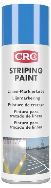 CRC-märkspray för linjemarkeringar, med flerspråkig text och små foton av målade parkeringsplatslinjor.