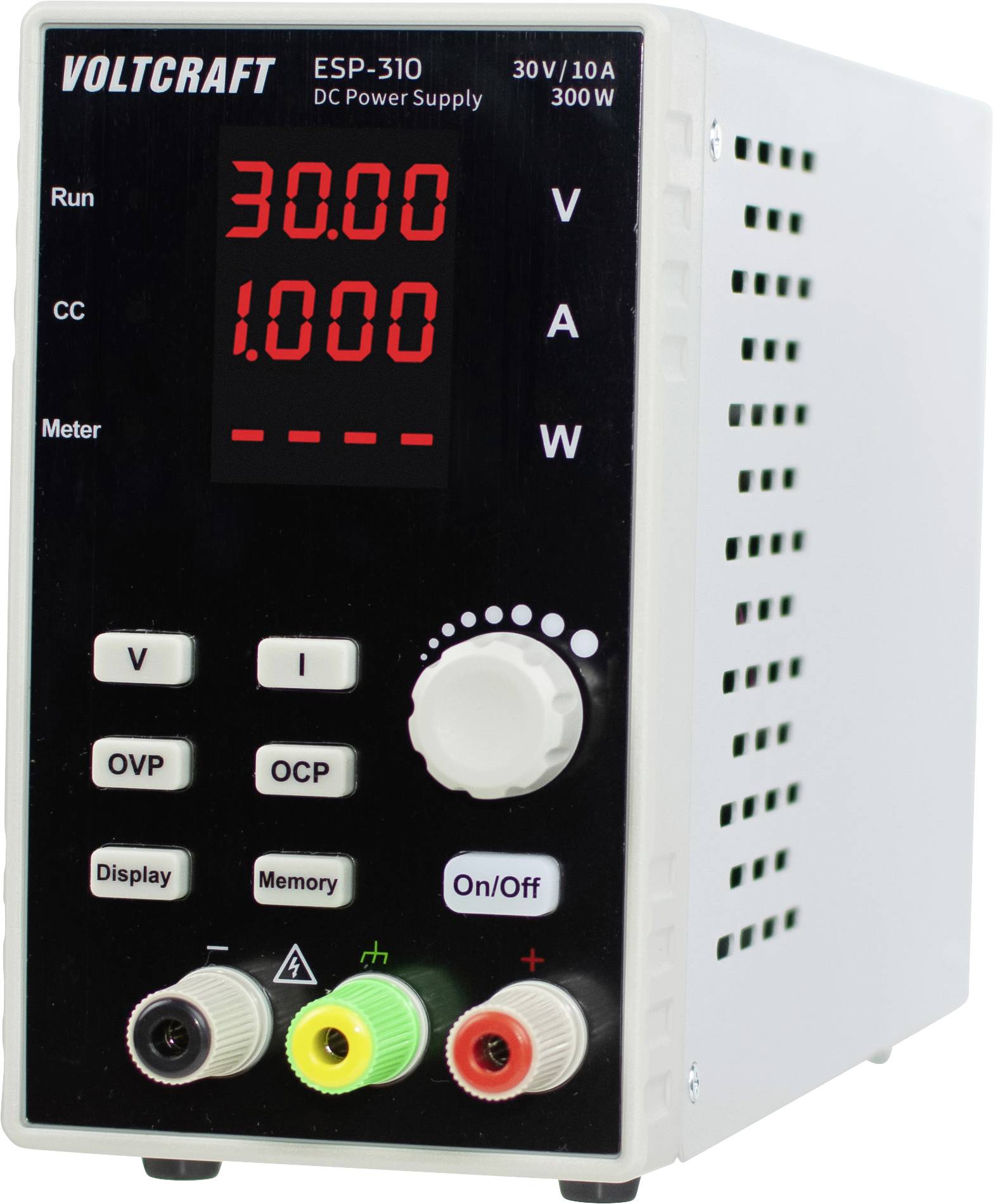 Frontvyn av en VOLTCRAFT ESP-310 DC-strömförsörjning som visar 30,00 V och 1,000 A, med kontrollknappar, ratt och utgångsterminalerr.