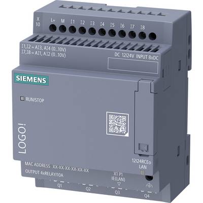 Siemens LOGO! programmerbar logikkontrollermodul med märkta in-/utgångsterminaler, RUN/STOP-indikator, QR-kod och LAN-port.