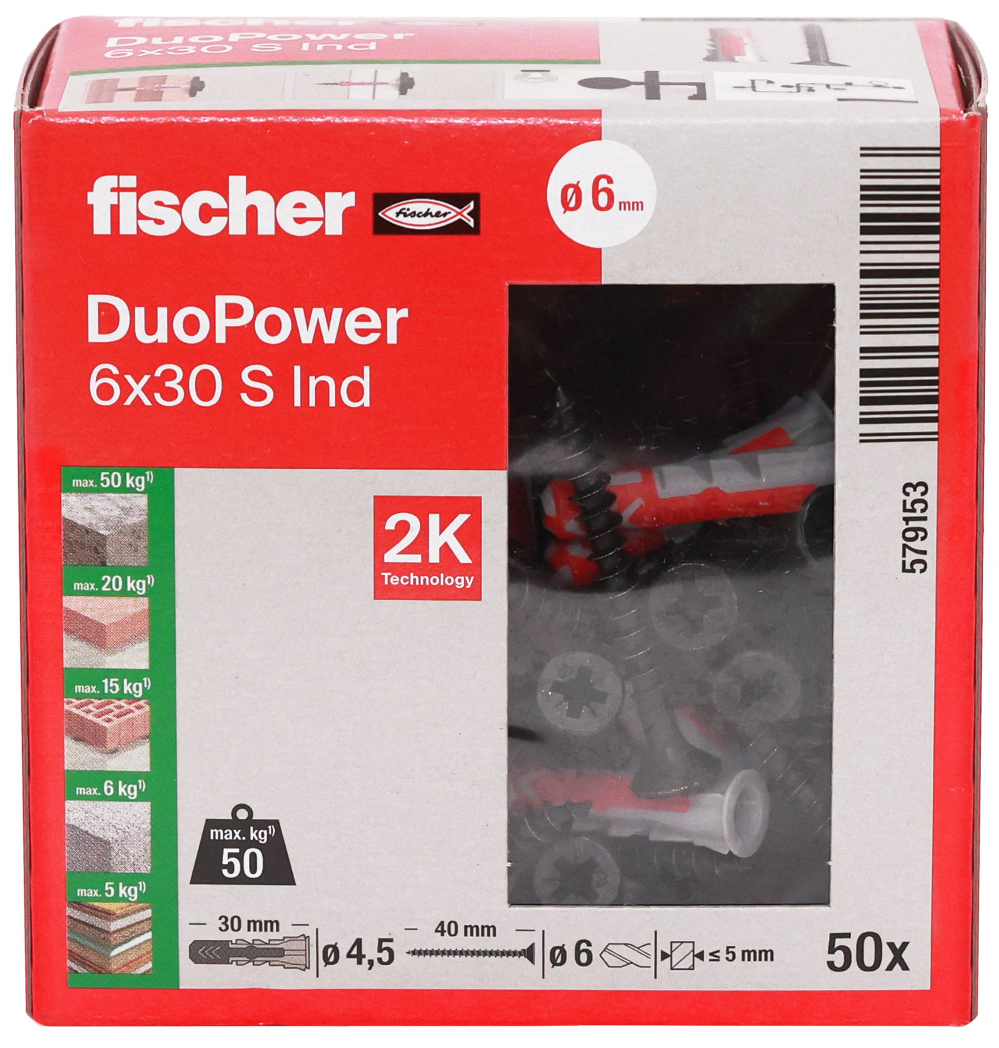 Paket med Fischer DuoPower 6x30 S Ind väggpluggar, 50-pack, med 6 mm borrstorlek och bärförmåga upp till 50 kg.