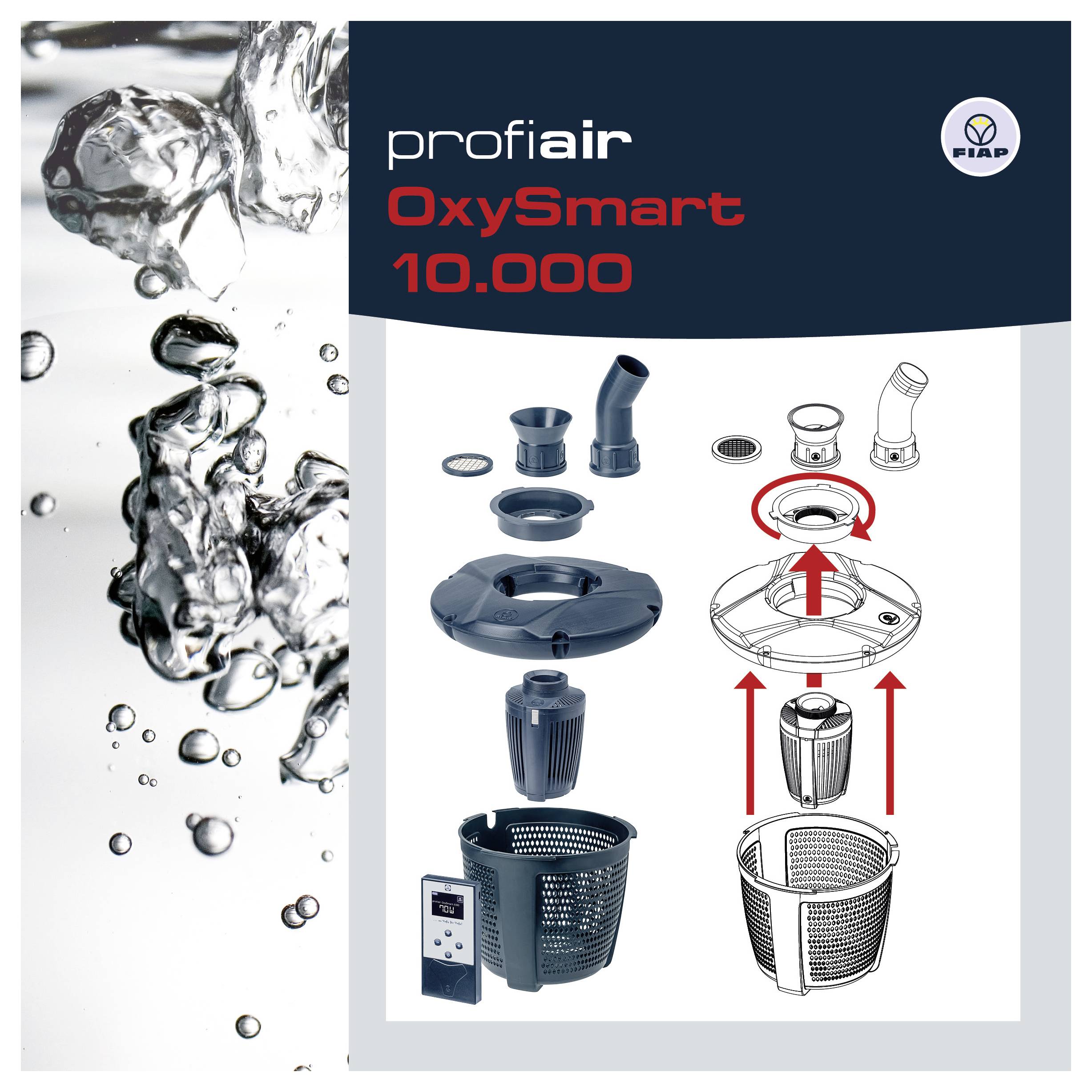 Produktgrafik för "profiair OxySmart 10.000" som visar akvariefiltrets komponenter, sprängritning för montering och slutförd behållcarfilterenhet med kontrollpanel.