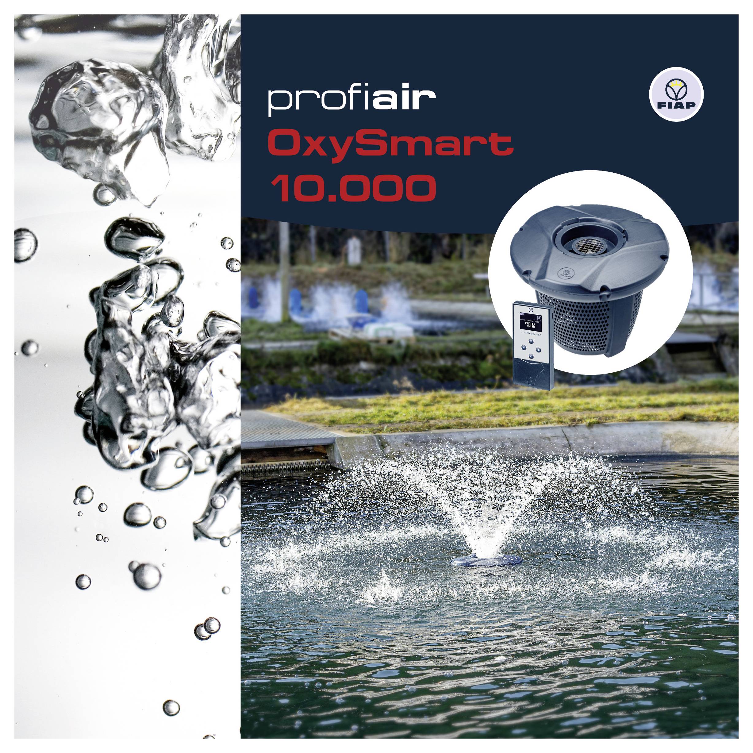 Annons för "profi air OxySmart 10.000" dammaerersystem, visar en vattenfontän och aeratorenheten med kontrollpanel.