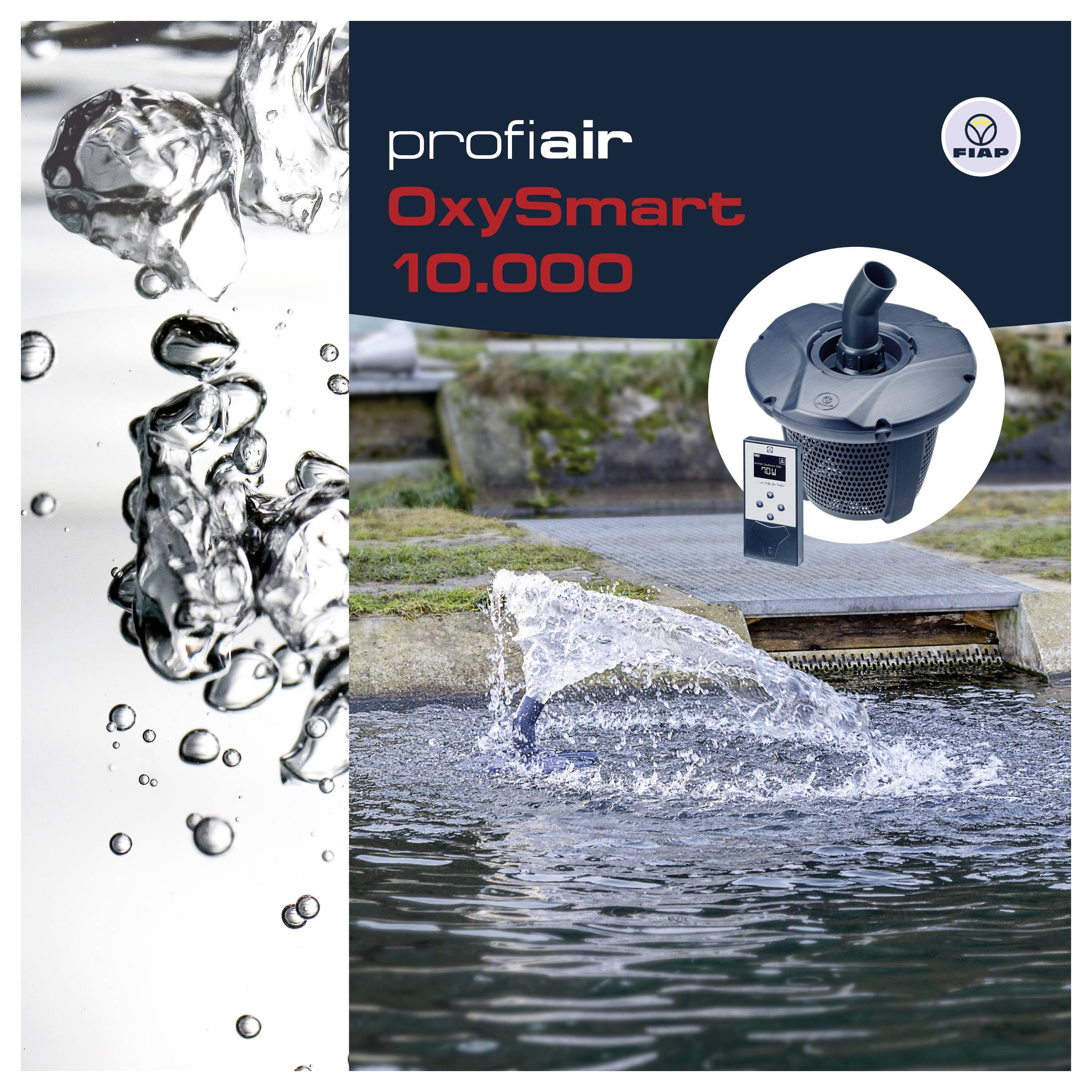 Reklambildning för profair OxySmart 10.000 som visar en flytande dammluftsare som sprajar vatten, med en produktinföring och FIAP-logotyp.