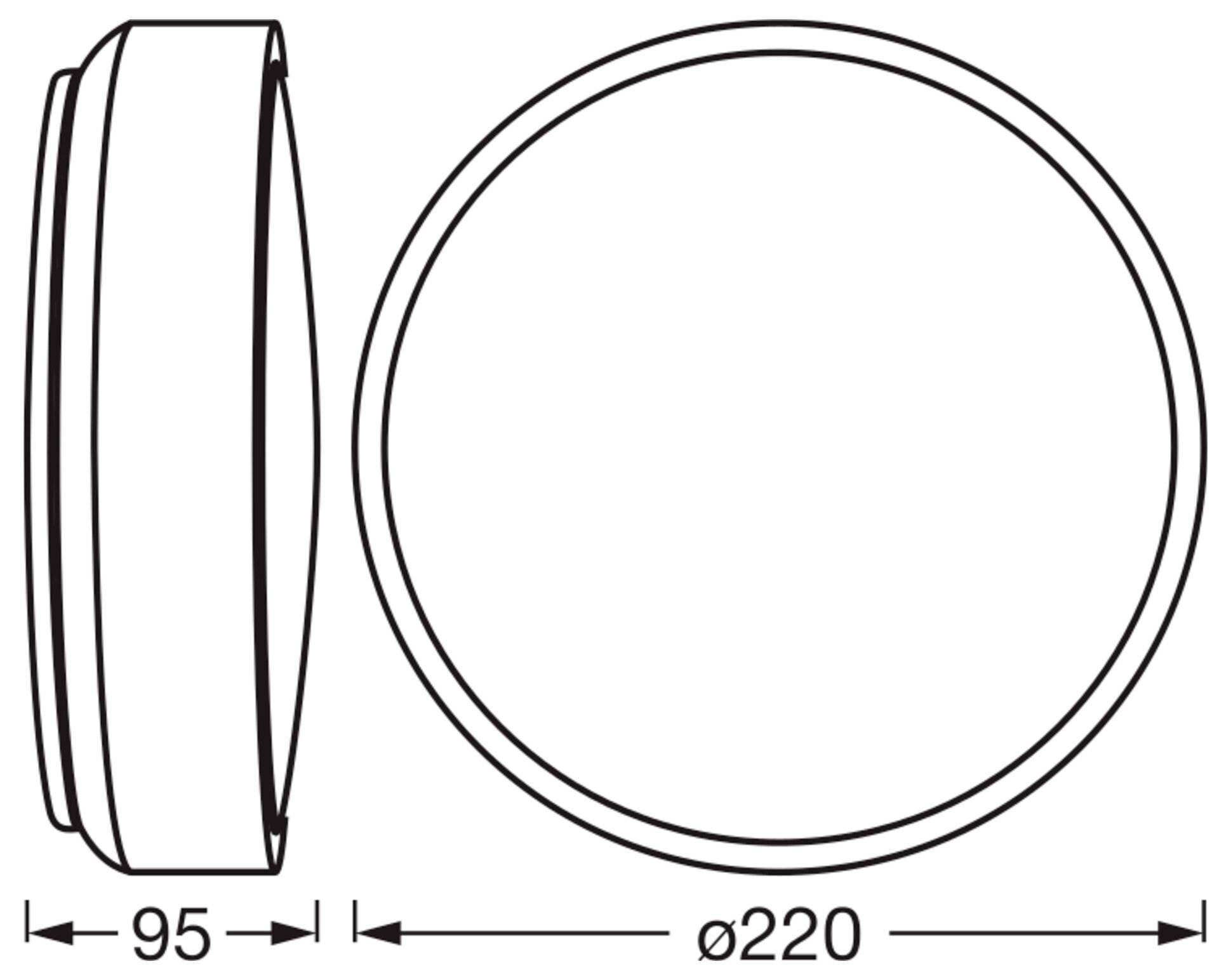 Teknisk ritning av ett runt objekt med sido- och toppvyer, som visar ett djup på 95 mm och en diameter på 220 mm.