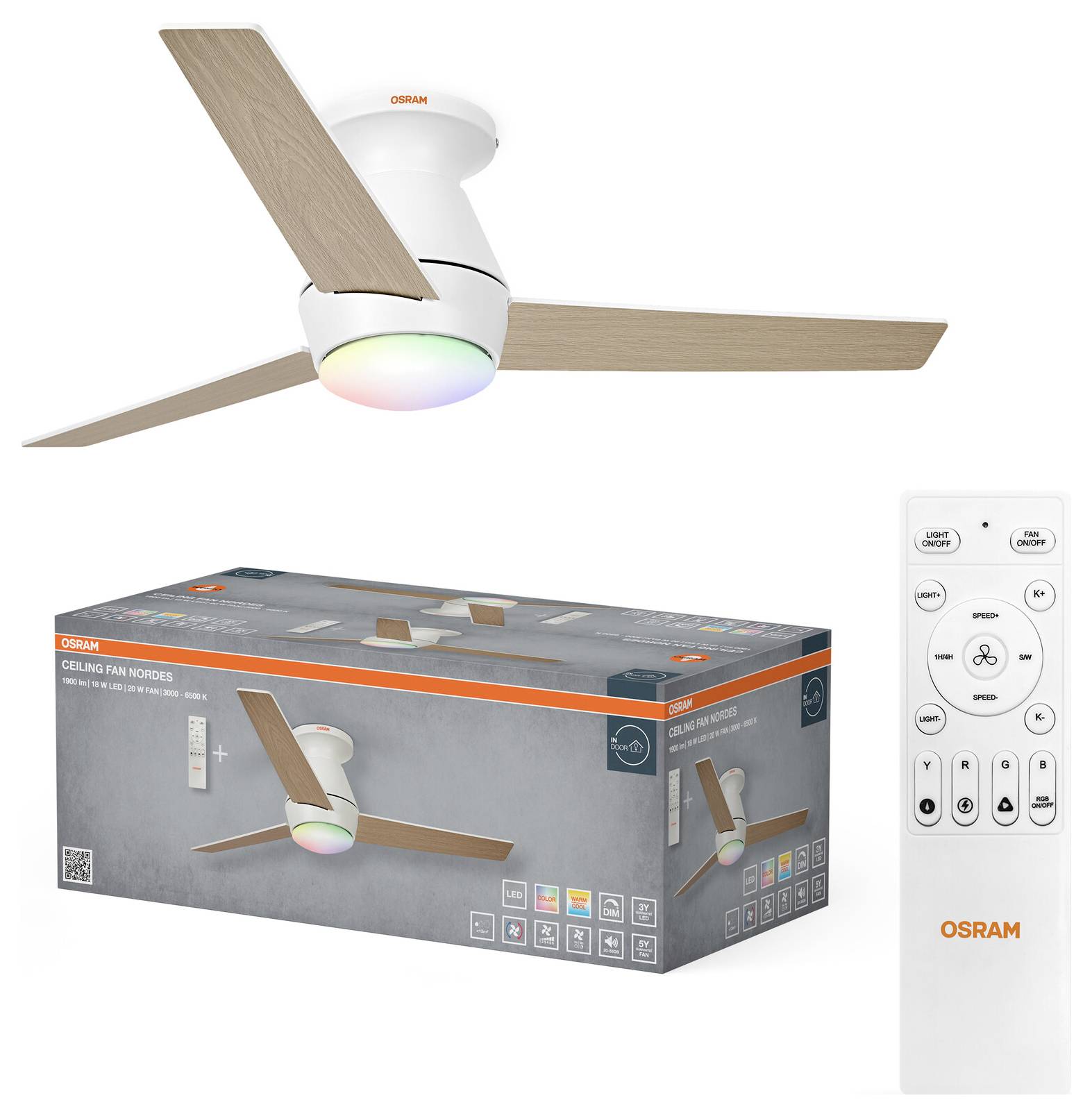 OSRAM takfläkt med trä-färgade blad och belysning, visad med förpackningslåda och fjärrkontroll.