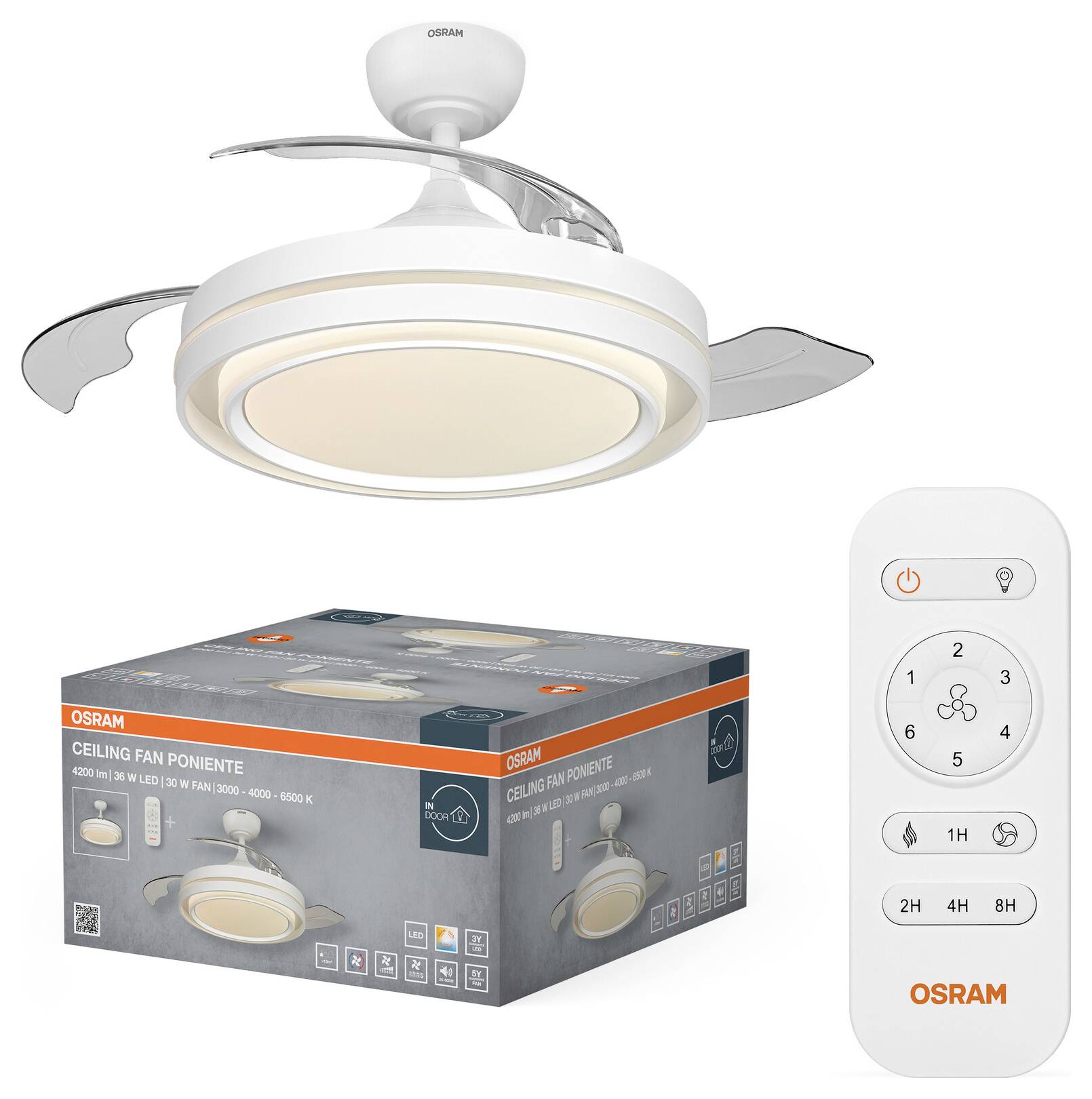 OSRAM takfläkt med belysning visad med förpackning och fjärrkontroll, som visar en vit modern takarmatur med integrerade fläktblad och dimbar belysning.