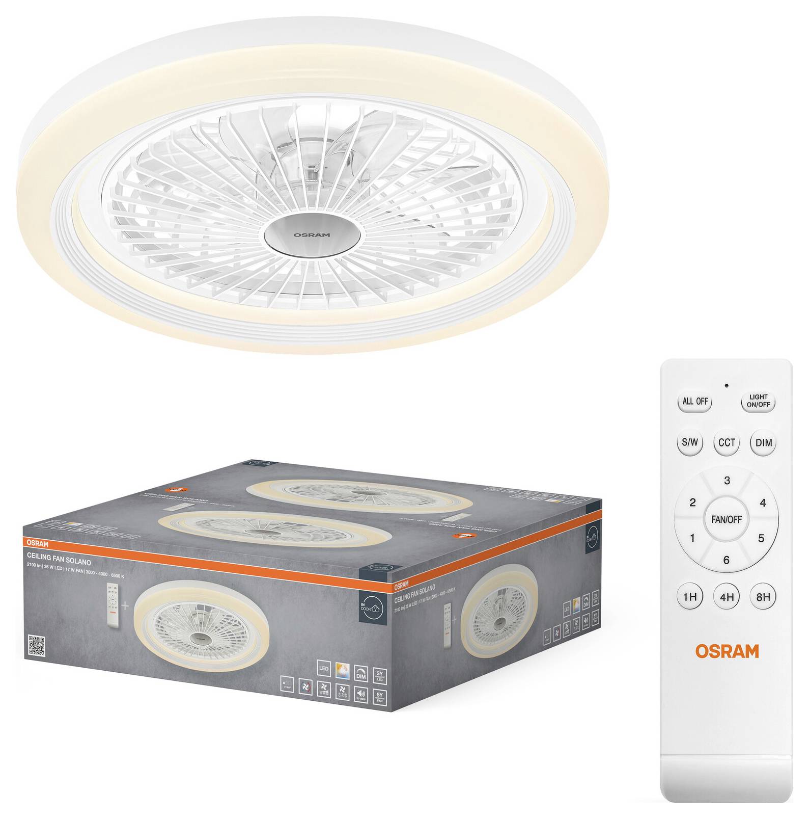 Produktbild av en takfläkt med integrerad LED-ring, förpackningsbox och fjärrkonroll som visar knappar för fläkthastighet, ljus, färgtemperatur, dimning och timer.