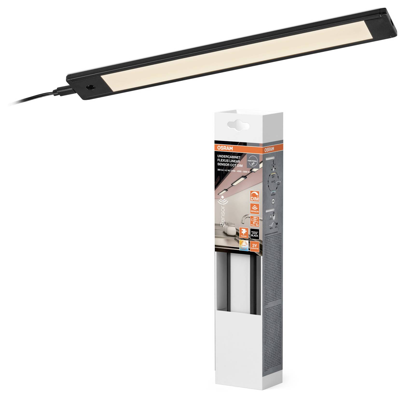 Svart LED-armatur under skåp visad tillsammans med dess OSRAM-produktförpackning.