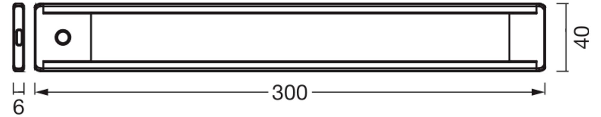 Teknisk ritning av en rektangulär stång eller räl, märkt 300 mm lång, 40 mm bred och 6 mm tjock, med ett hål nära ena änden.