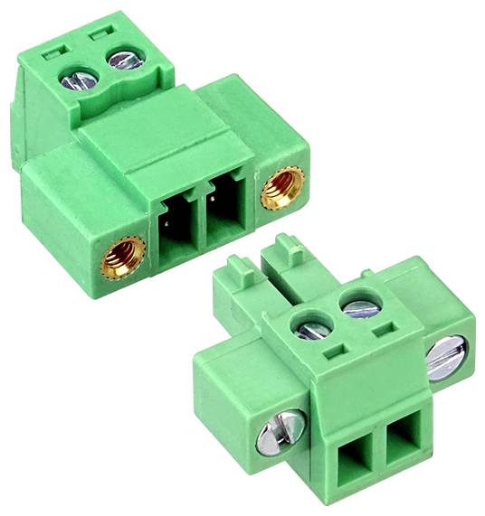 Två gröna 2-stifts elektriska terminalblocks/adaptrar med skruvkontakter på en vit bakgrund.