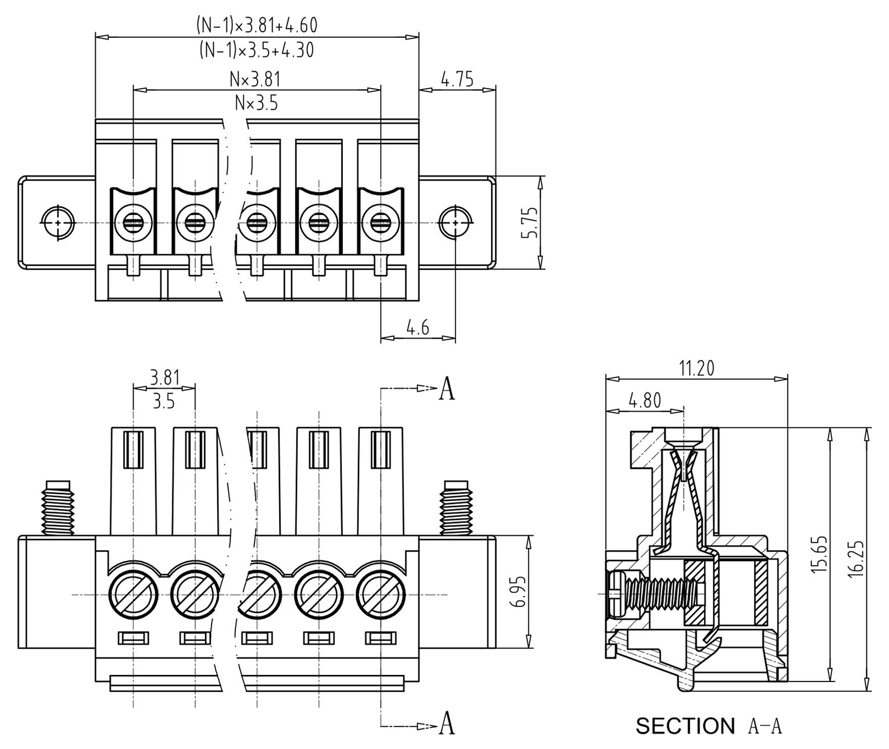 Teknisk dimensionerad ritning av ett flerskyddigt elektriskt terminalblock, som visar topp-, front- och sektion A-A vyer med mätningar och interna skruvklämdetaljer.